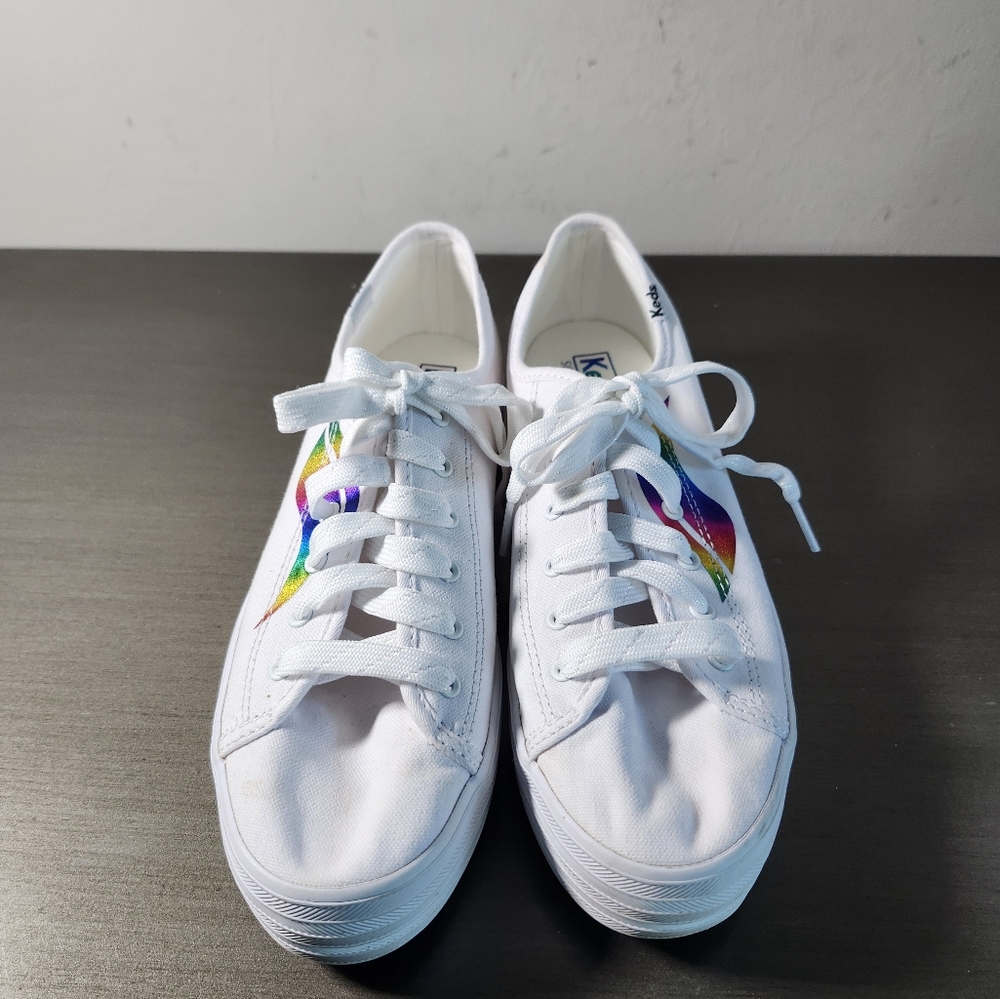 Keds Kickstart Triple White Rainbow Wave Stripe Platform Sneakers Size 8M NWOB - Picture 2 of 7
